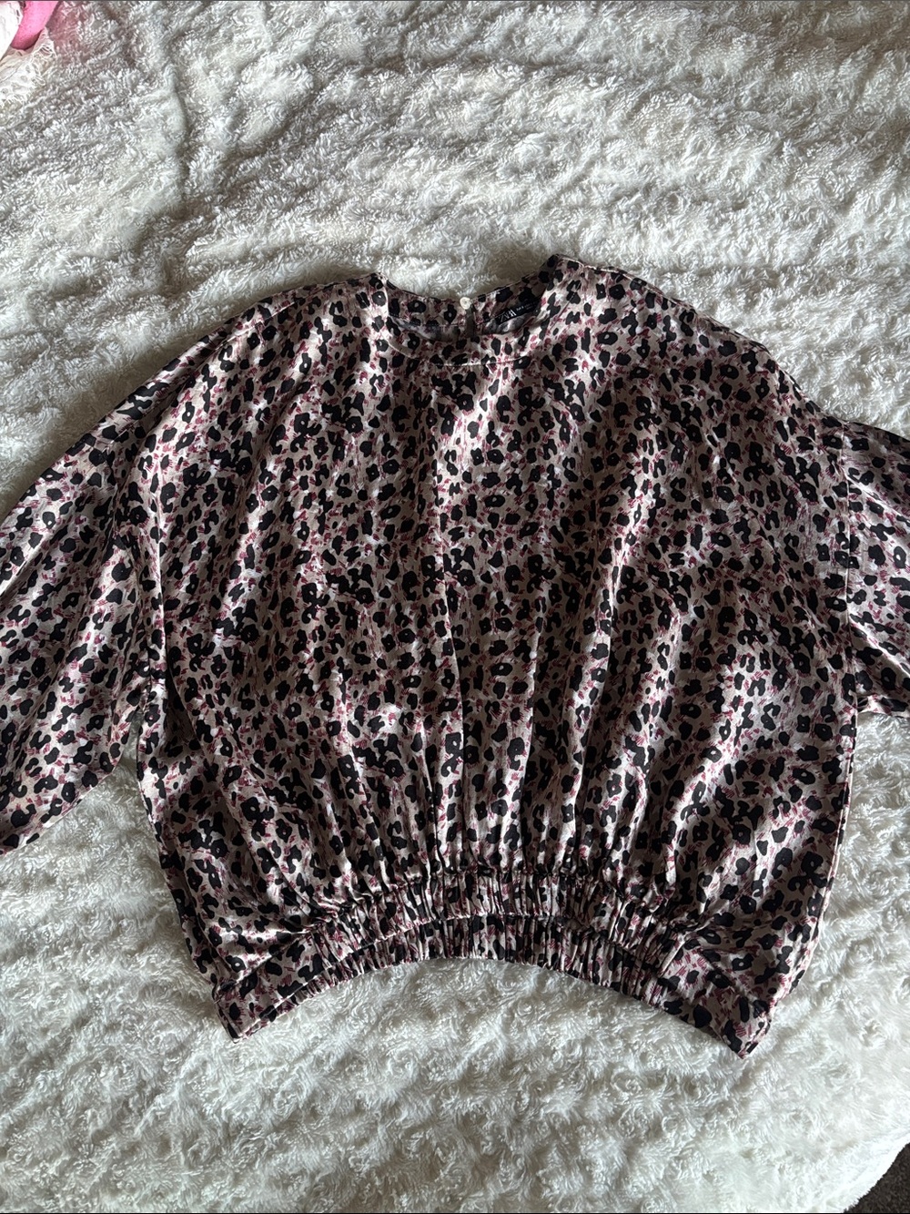 Zara Maroon and Black Leopard Print Cropped Dolman Long Sleeve Blouse